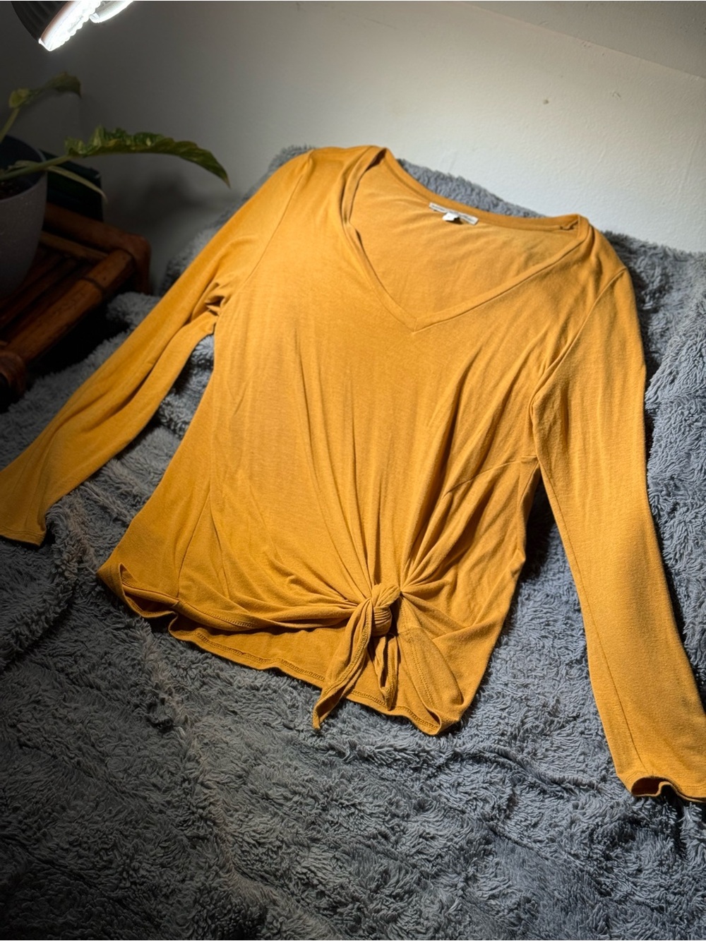 Express Mustard Tie-Front V-Neck Long Sleeve Top